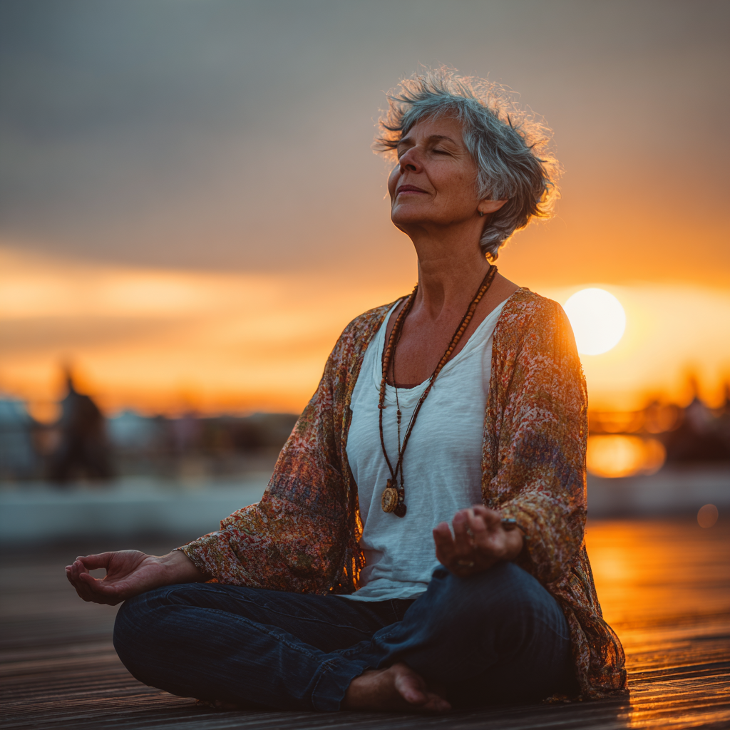 Peaceful mature woman in meditation pose outdoors