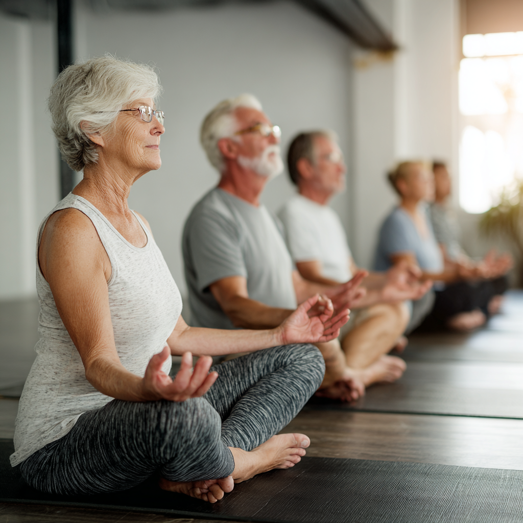 Senior adults practicing yoga together in peaceful studio environment
